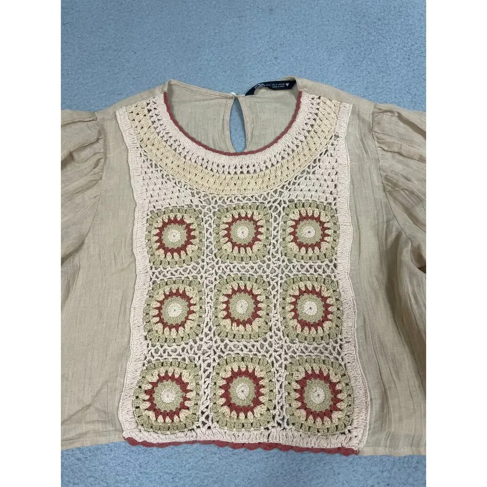 Zara Womens Size S Granny Square Crochet Medallion Front Cropped Blouse Top